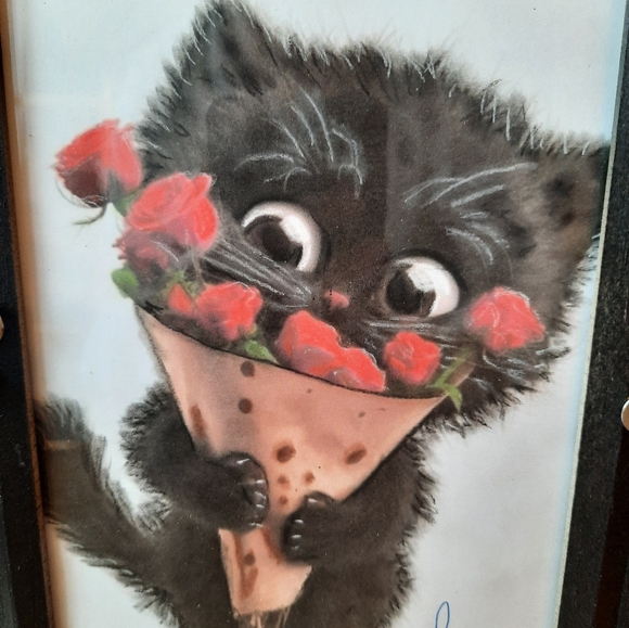 CLEARANCE SALE 50 % FRAMED HAND DRAWING CUTIE CAT WITH RED ROSES AND HEARTS - Picture 2 of 6